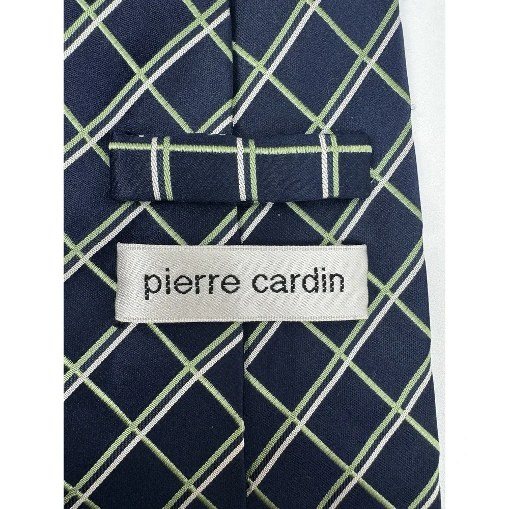 Vtg Y2K Pierre Cardin 100%‎ Silk Tie Navy Green Plaid Classic Necktie